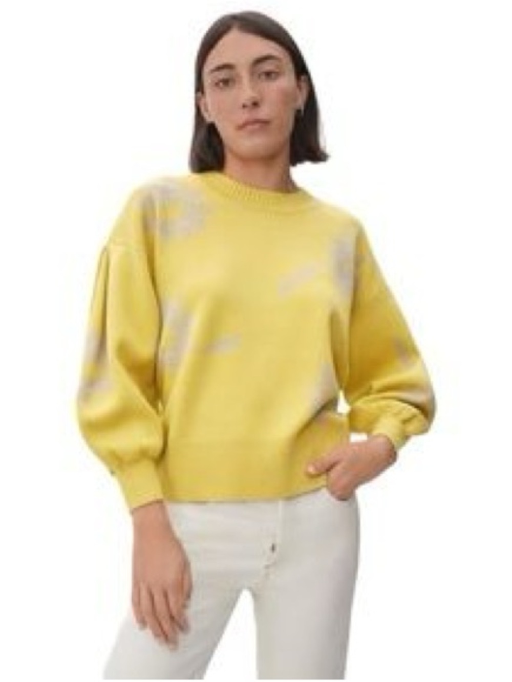 Everlane Womens The Cotton–Merino Floral Crew Sweater Yellow Spring Puff Sleeve
